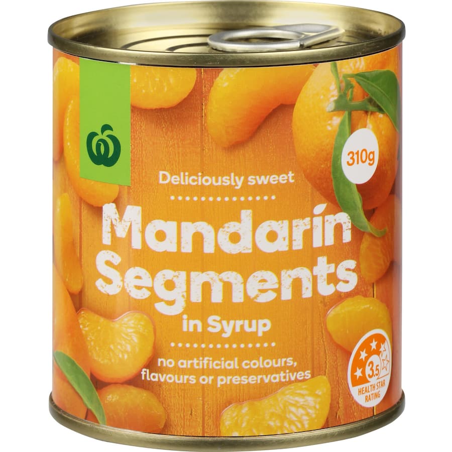 Canned mandarin segments in syrup, bursting with natural sweetness, perfect for desserts, salads, and snacks.