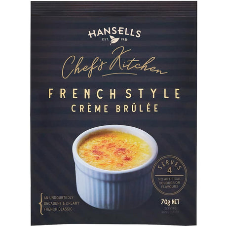 A pack of Hansells Dessert Mix Crème Brûlée, designed for easy preparation of this classic French dessert at home.