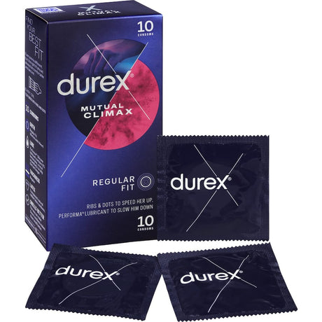 Durex Condoms Mutual Climax: ribbed, dotted, and lubricated for heightened pleasure and lasting intimacy for both partners.