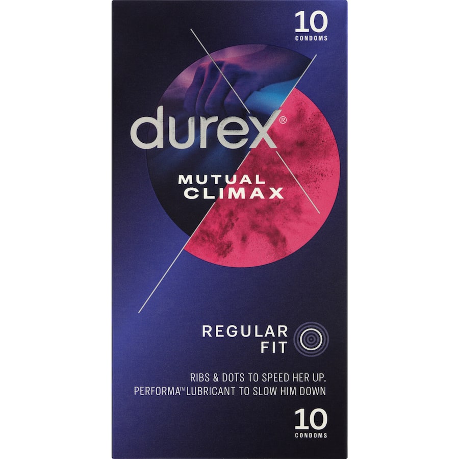 Durex Mutual Climax condoms designed for mutual pleasure with ribbed and dotted texture, lubricated for lasting intimacy.