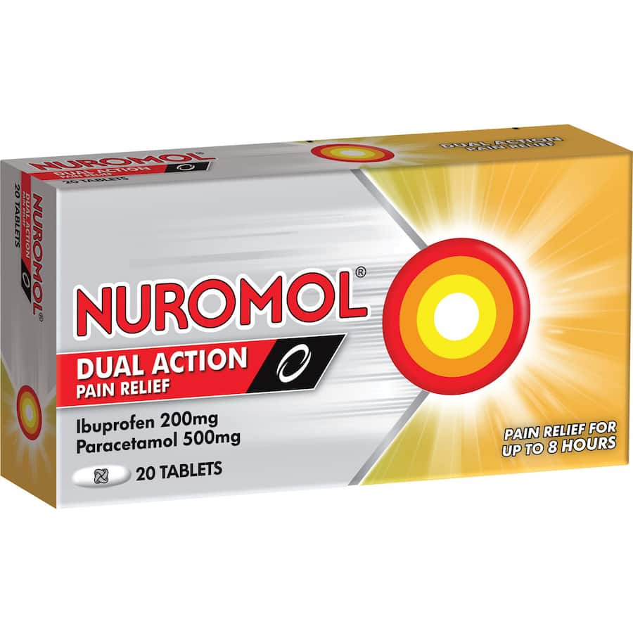 Nuromol tablets combine ibuprofen and paracetamol for powerful pain relief lasting up to 8 hours for various discomforts.