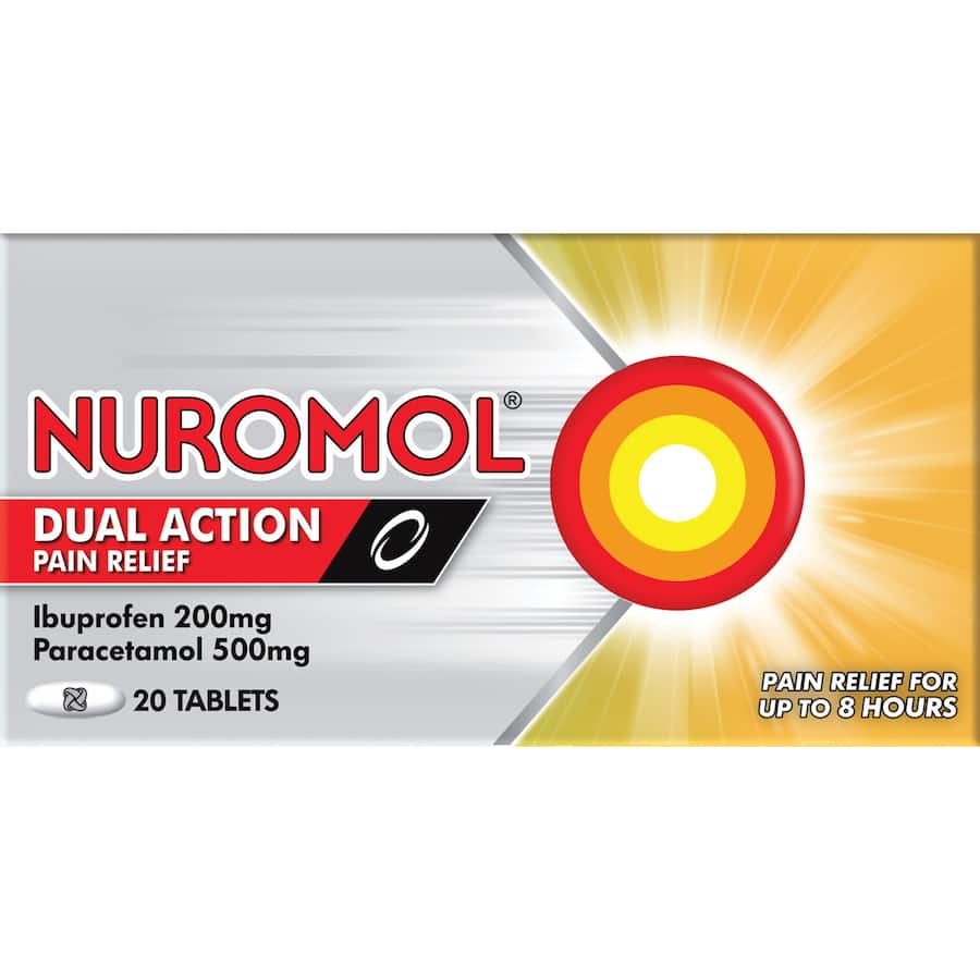 Nuromol Dual Action Tablets offer strong pain relief with ibuprofen and paracetamol, targeting various discomforts for up to 8 hours.