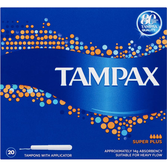 Tampax Super Plus Tampons with applicator, designed for heavy flow, offering 14g absorbency and anti-leak protection for 8 hours.