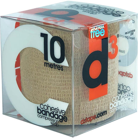 D3 Cohesive Bandage Box 10m, self-adhering, flexible bandage for wound care, joint support, and muscle stabilization.