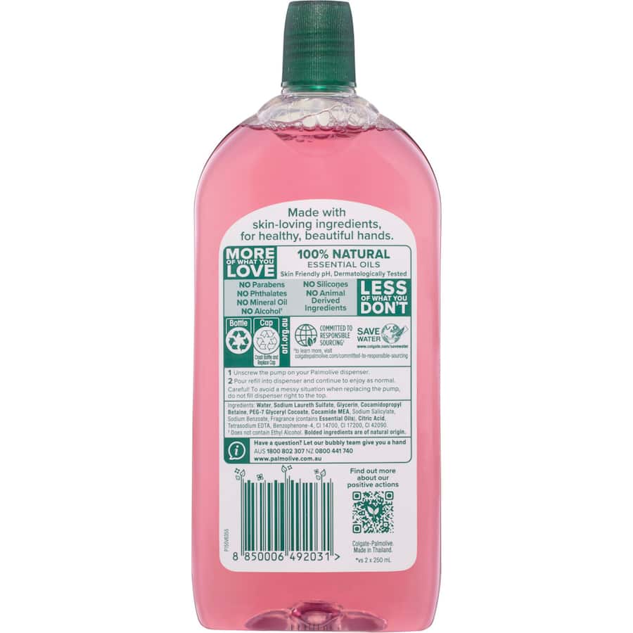 Palmolive Foaming Hand Wash Refill in Raspberry, eco-friendly, 95% natural, nourishing, sweet scent, gentle on skin and planet.