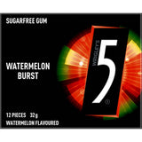 Sugar-free 5 Gum in Watermelon flavor, offering a refreshing taste and focus boost for on-the-go enjoyment.