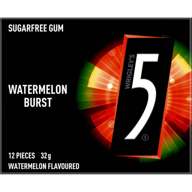 Sugar-free 5 Gum in Watermelon flavor, offering a refreshing taste and focus boost for on-the-go enjoyment.