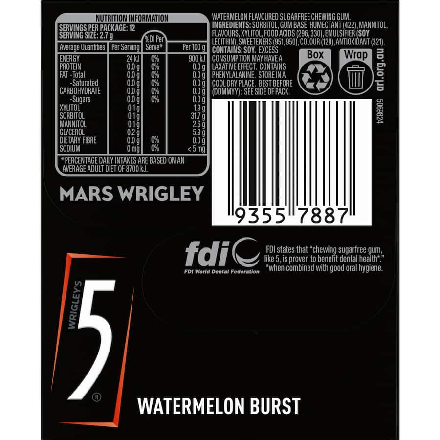 Sugar-free 5 Gum in Watermelon flavor delivers refreshing taste and focus for an invigorating chewing experience.