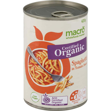 Macro Organic Spaghetti in Tomato Sauce featuring premium organic ingredients, free from artificial additives.