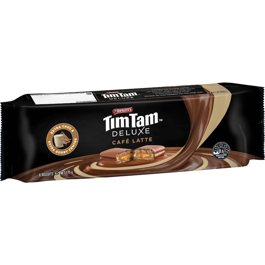 Arnotts Tim Tam Deluxe Cafe Latte biscuits, featuring rich chocolate and aromatic coffee flavors for a luxurious snack experience.