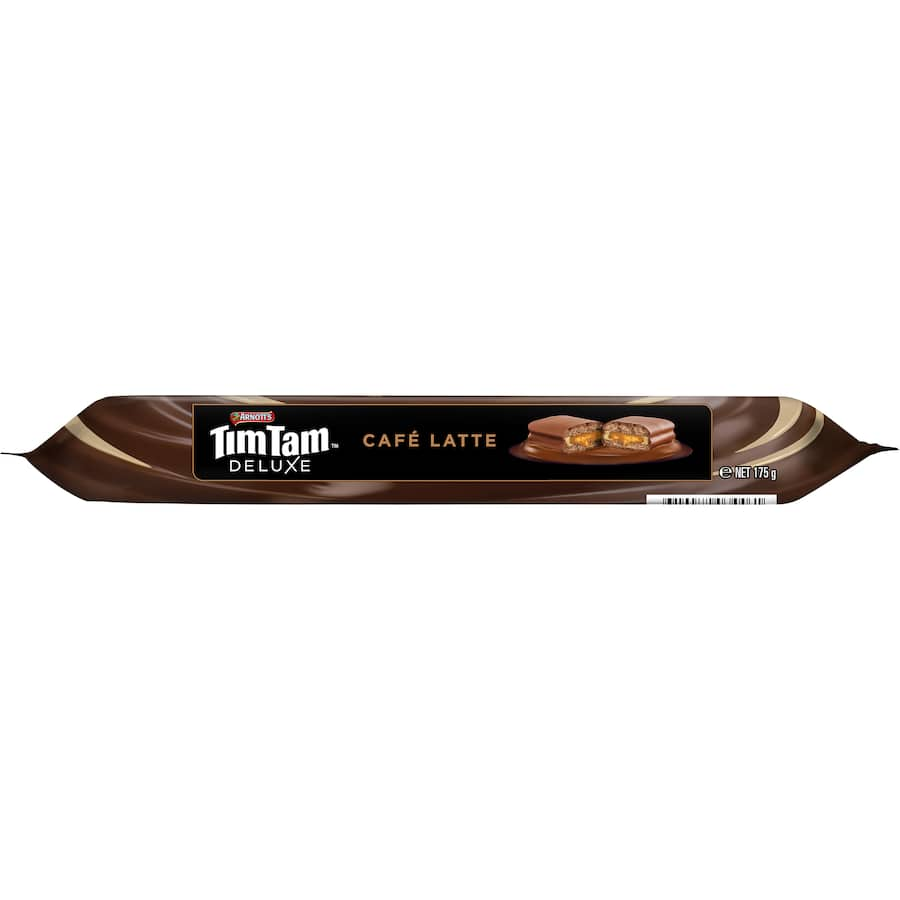 Arnotts Tim Tam Deluxe Chocolate Biscuits Cafe Latte, featuring velvety chocolate and rich coffee flavor in a luxurious package.