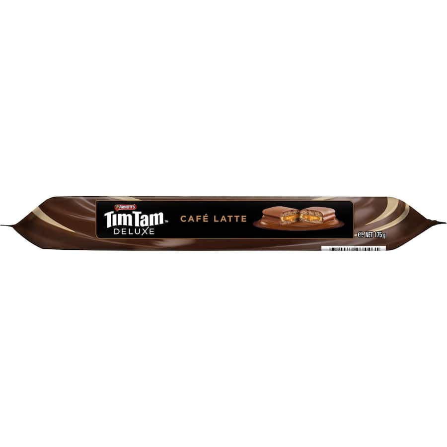 Delicious Arnotts Tim Tam Deluxe Chocolate Biscuits with rich café latte flavor, perfect for indulgent snack moments.