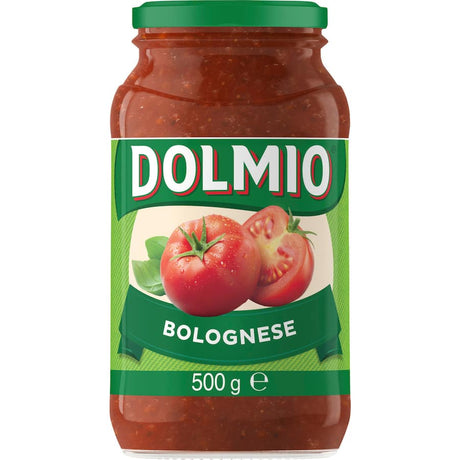 Dolmio Extra Pasta Sauce Bolognese in a jar, featuring rich tomatoes, garlic, and herbs, perfect for quick pasta dinners.