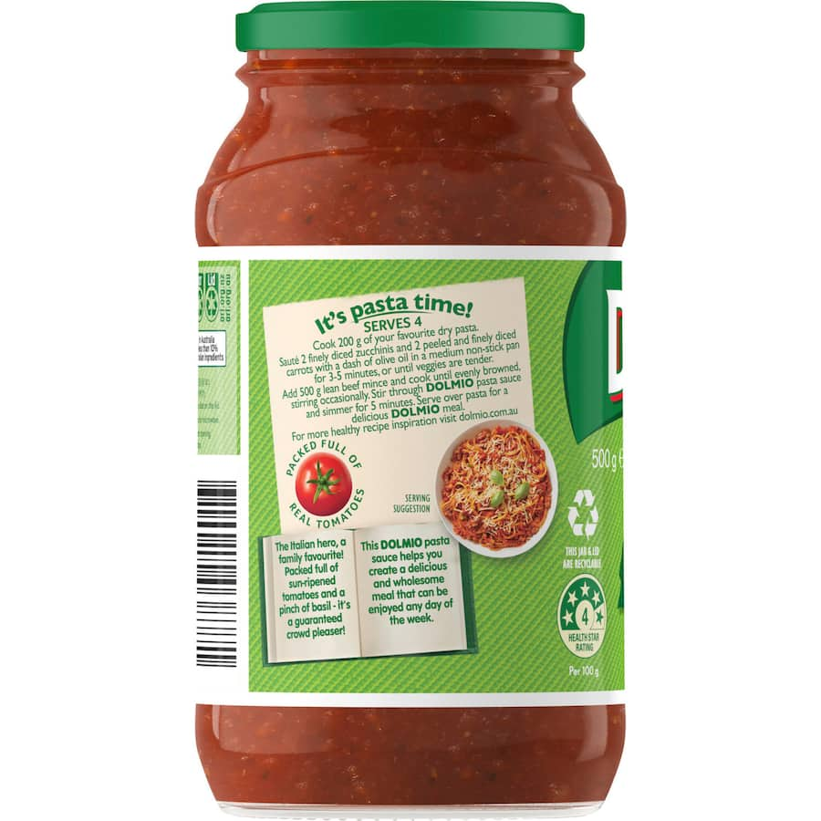 Dolmio Extra Pasta Sauce Bolognese in a glass jar, featuring rich tomato, garlic, and herbs for quick, flavorful meals.