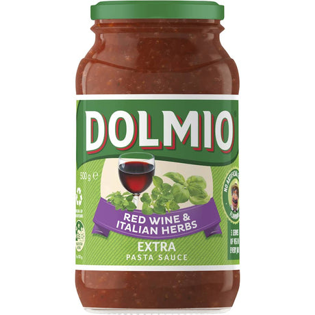 Dolmio Extra Red Wine & Italian Herb Pasta Sauce in a glass jar, featuring rich tomato and herb flavors for bolognese dishes.