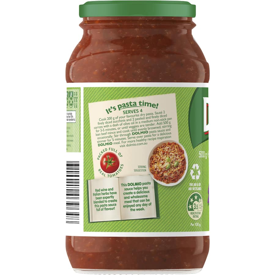 Dolmio Extra Pasta Sauce features rich red wine and Italian herbs in a resealable jar, perfect for quick bolognese meals.