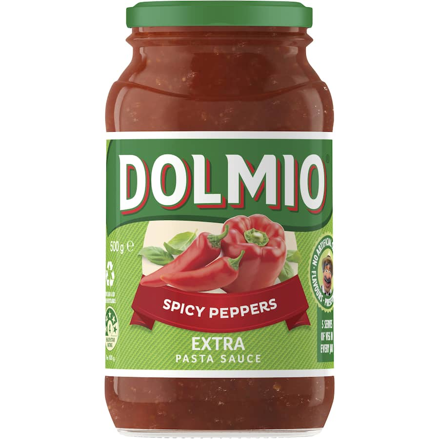 Dolmio Extra Pasta Sauce Spicy Peppers, a flavorful blend of tomatoes, capsicum, and chili for easy, zesty meals.