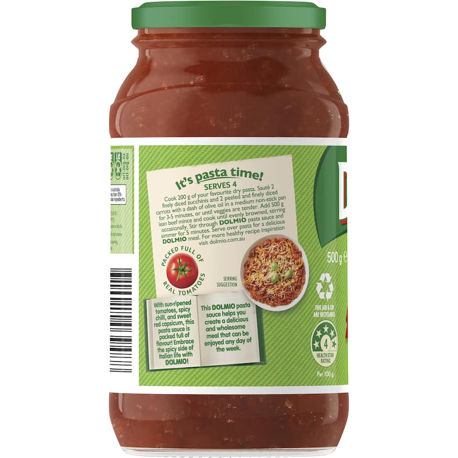 Dolmio Extra Pasta Sauce Spicy Peppers in a glass jar, featuring rich tomato and chili blend for flavorful pasta dishes.