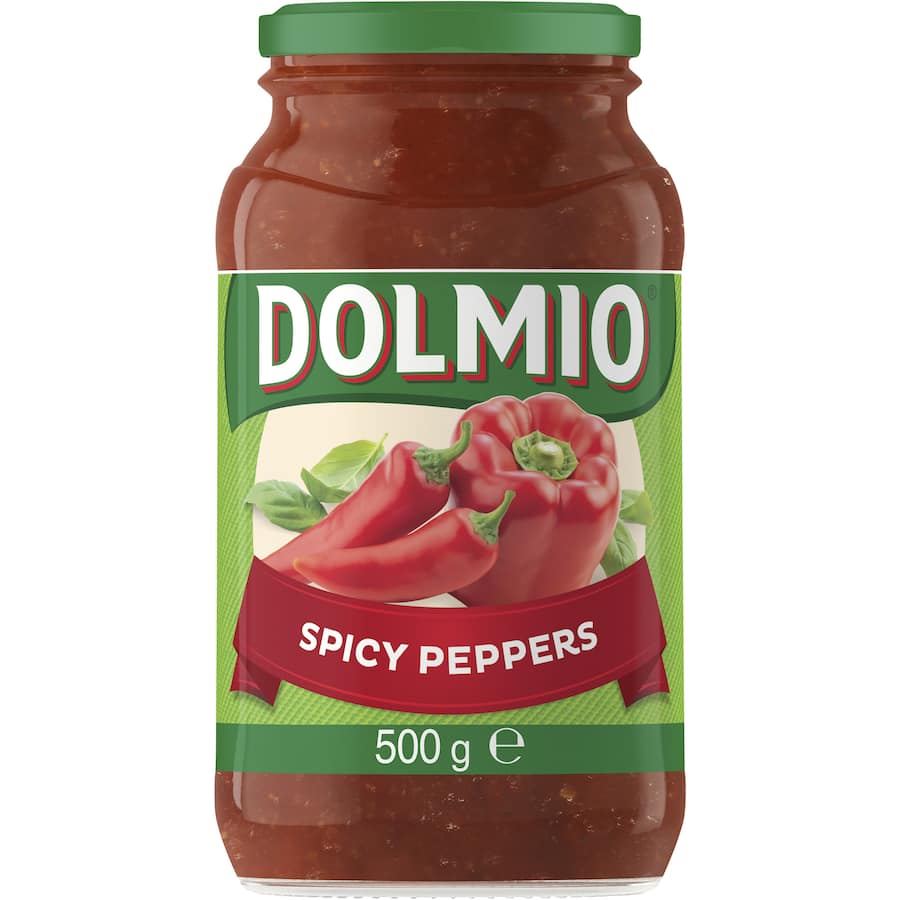 Dolmio Extra Pasta Sauce with Spicy Peppers in a glass jar, made with tomatoes, capsicum, and chilli for flavorful meals.