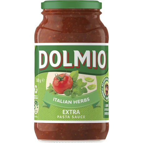 Dolmio Extra Pasta Sauce Italian Herbs in a glass jar, featuring basil and oregano for authentic Italian flavor.