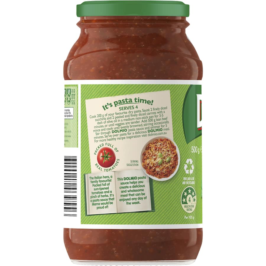 Dolmio Extra Pasta Sauce Italian Herbs in a glass jar, featuring aromatic basil and oregano for authentic Italian meals.