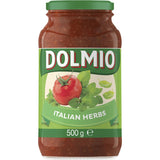 Dolmio Extra Italian Herbs Pasta Sauce in a glass jar, featuring authentic basil and oregano for delicious pasta dishes.