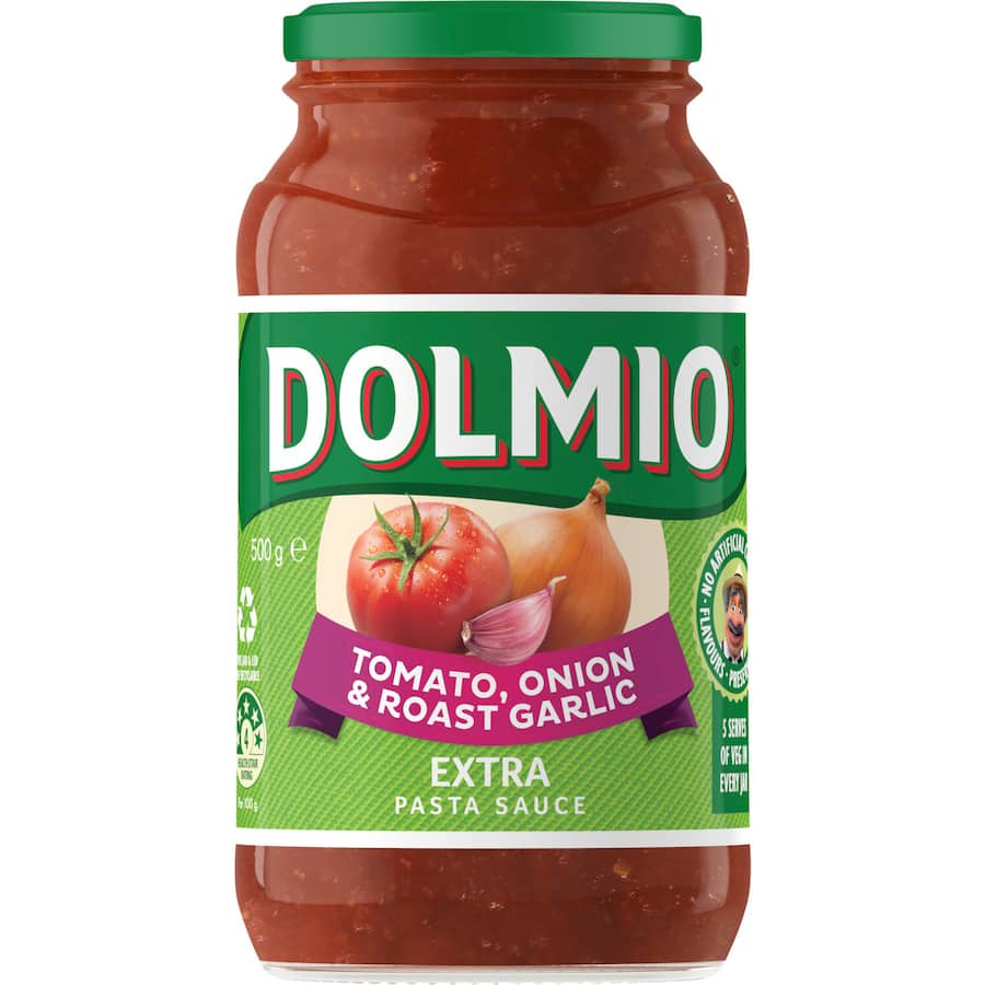 Dolmio Extra Pasta Sauce with tomato, onion, and roast garlic in a glass jar, perfect for quick and flavorful bolognese.