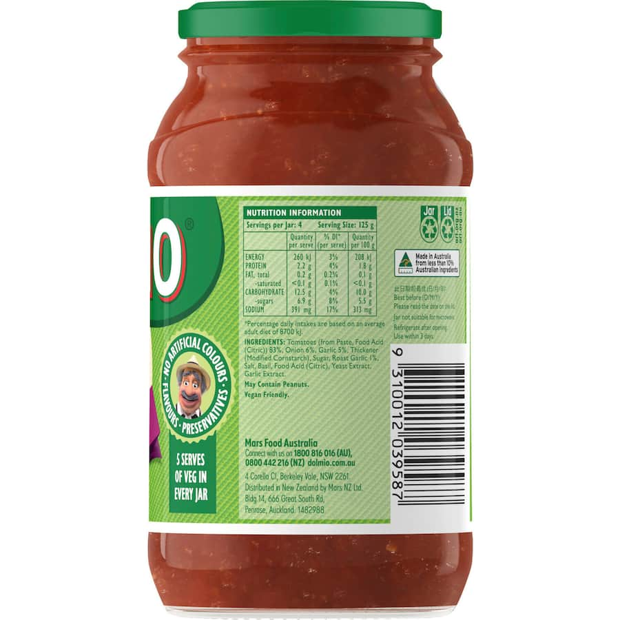 Dolmio Extra Pasta Sauce with tomato, onion, and roast garlic in a glass jar for flavorful bolognese, quick and easy to prepare.