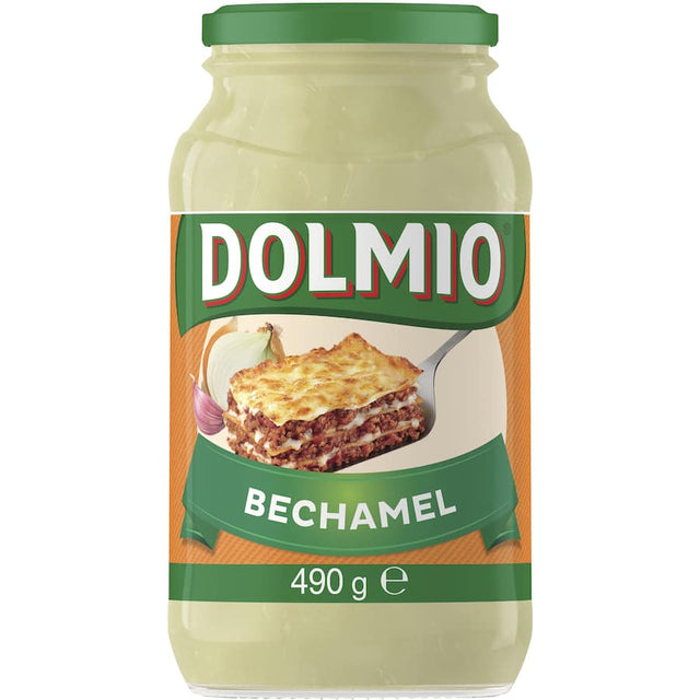 Creamy Dolmio Bechamel Pasta Sauce in a resealable jar, perfect for indulgent homemade lasagne, serves 4, no artificial additives.