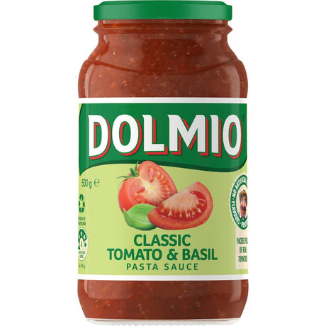 Dolmio Traditional Recipe Pasta Sauce Basil in a glass jar, featuring vine-ripened tomatoes and aromatic basil for authentic Italian meals.