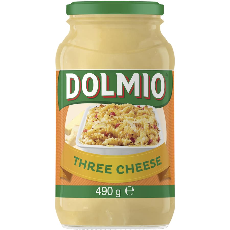 Creamy Dolmio Three Cheese Pasta Bake Sauce in a resealable jar, made with cheddar, parmesan, and pecorino, no artificial additives.