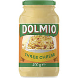 Creamy Dolmio Three Cheese Pasta Bake Sauce in a resealable jar, made with cheddar, parmesan, and pecorino, no artificial additives.