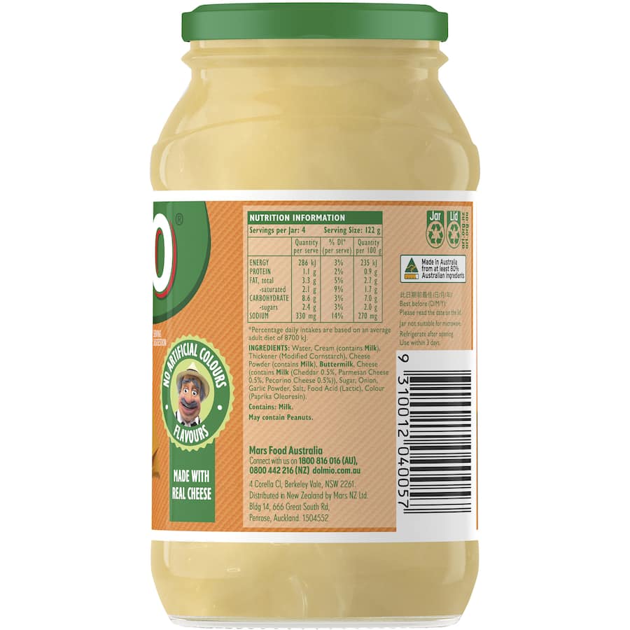 Creamy Dolmio Pasta Bake Sauce with three cheeses, perfect for quick and delicious pasta bakes, comes in a resealable jar.