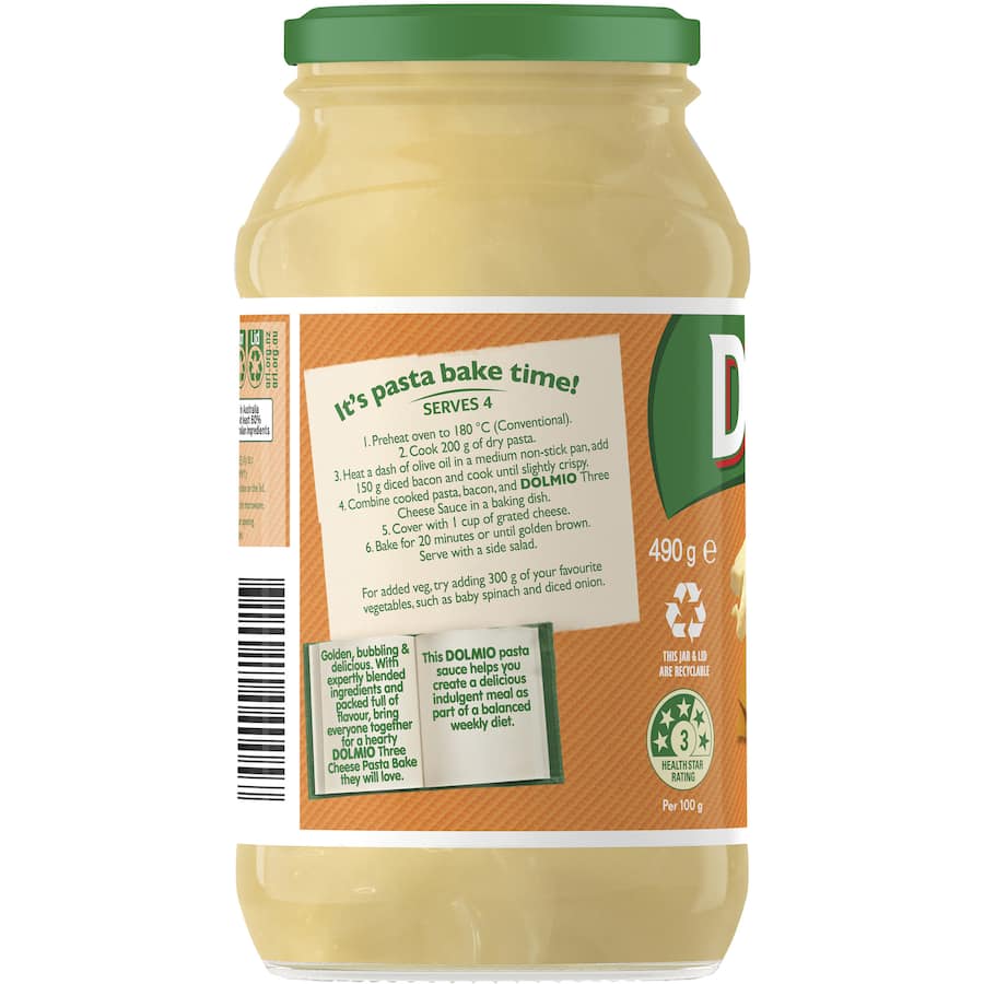 Creamy Dolmio Pasta Bake Sauce featuring a rich blend of cheddar, parmesan, and pecorino cheese in a resealable jar.