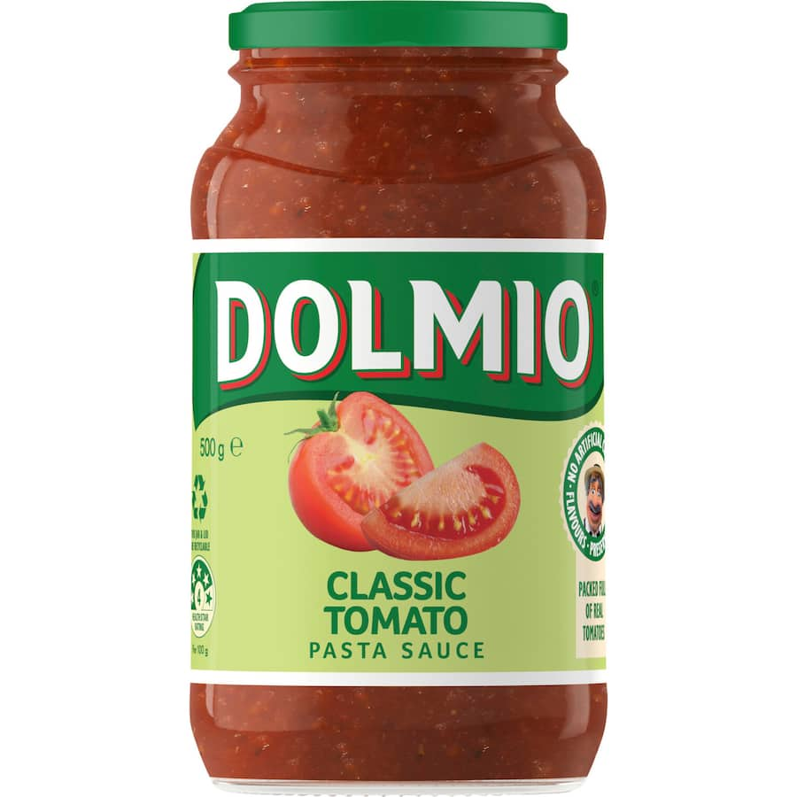 Dolmio Traditional Recipe Classic Tomato Pasta Sauce, made with sun-ripened tomatoes, perfect for family meals and vegan-friendly.