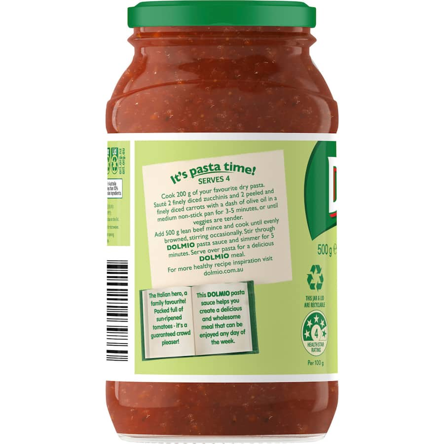 Dolmio Traditional Recipe Classic Tomato Pasta Sauce, made with sun-ripened tomatoes, vegan-friendly, and free from artificial ingredients.