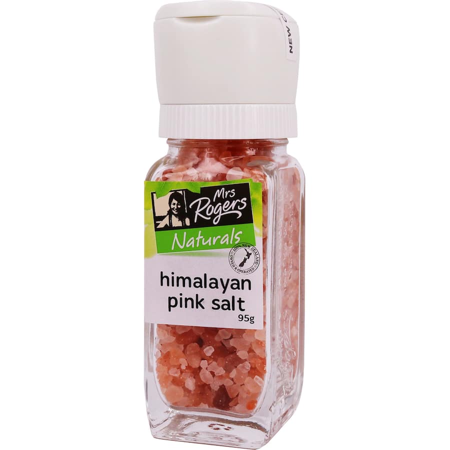 Mrs Rogers Naturals Himalayan Pink Salt in a chic jar, ideal for enhancing dishes with rich minerals and flavor.