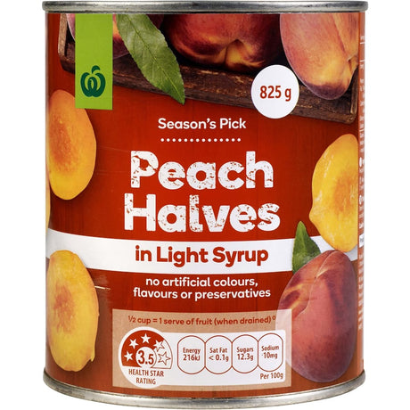 Canned Woolworths peach halves in light syrup for versatile baking and refreshing dishes, offering natural sweetness without preservatives.