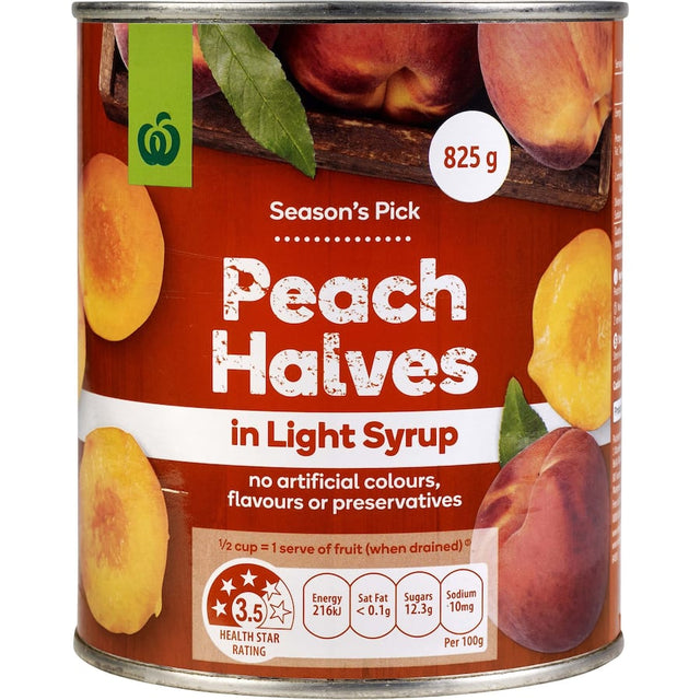 Canned Woolworths peach halves in light syrup for versatile baking and refreshing dishes, offering natural sweetness without preservatives.