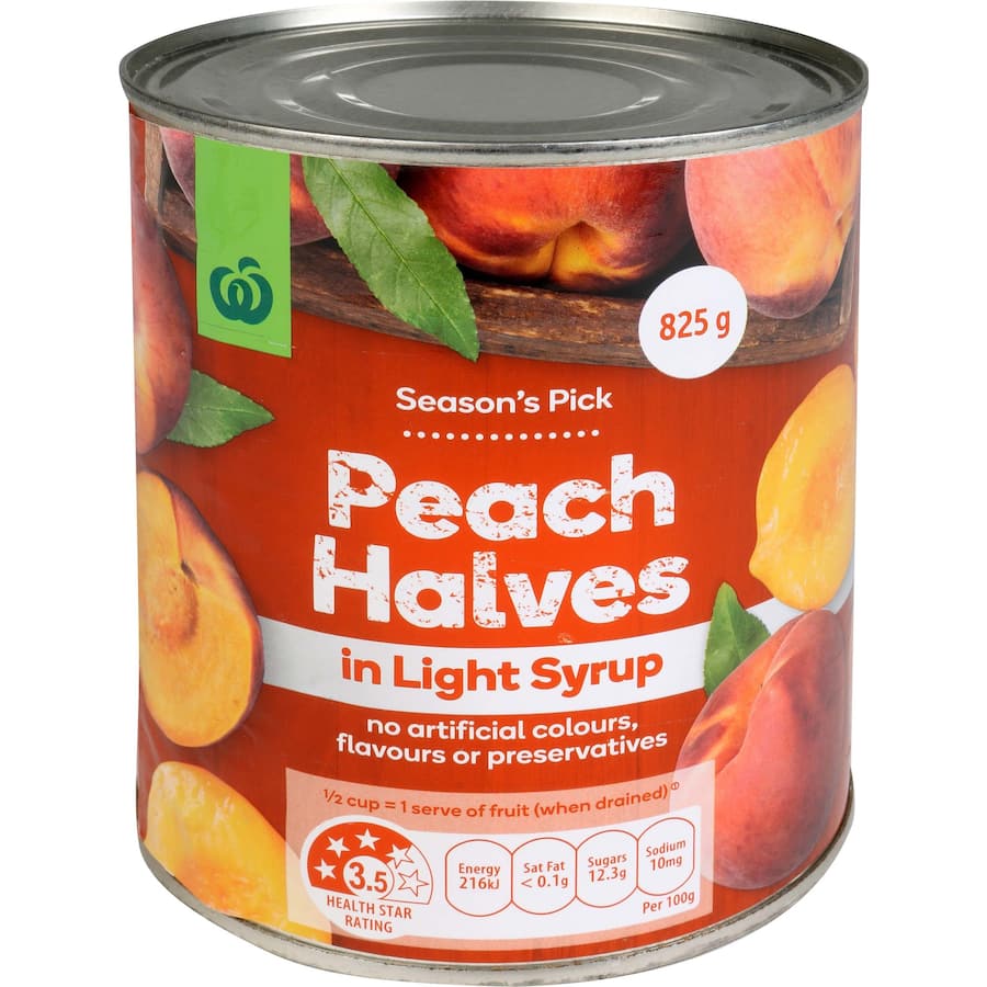 Canned Woolworths peaches halves in light syrup, perfect for fruit salads, baking, or adding to yogurt.