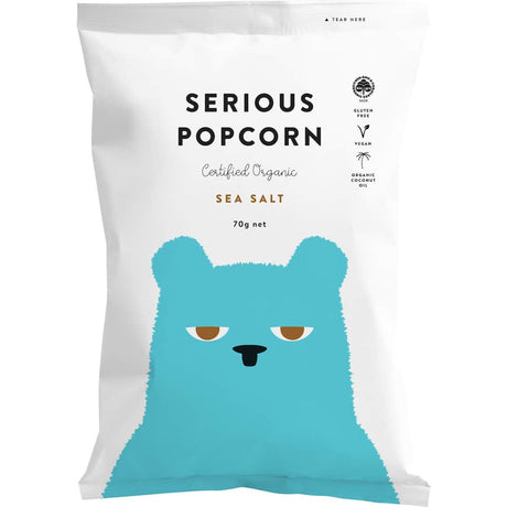 Hand-popped Serious Organic Popcorn Sea Salt, gluten-free, whole grain, rich in fiber, perfect for guilt-free snacking.