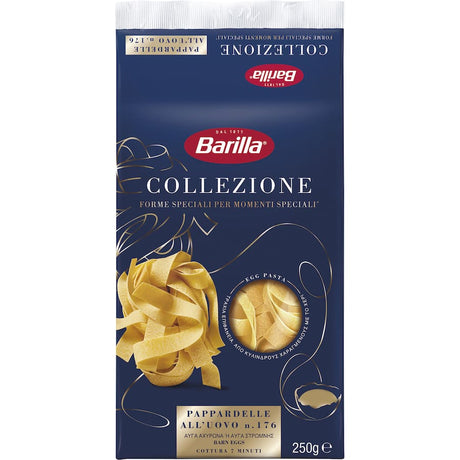 Wide ribbons of Barilla Pappardelle All' Uovo made with 28% fresh eggs, perfect for rich sauces and quick cooking.