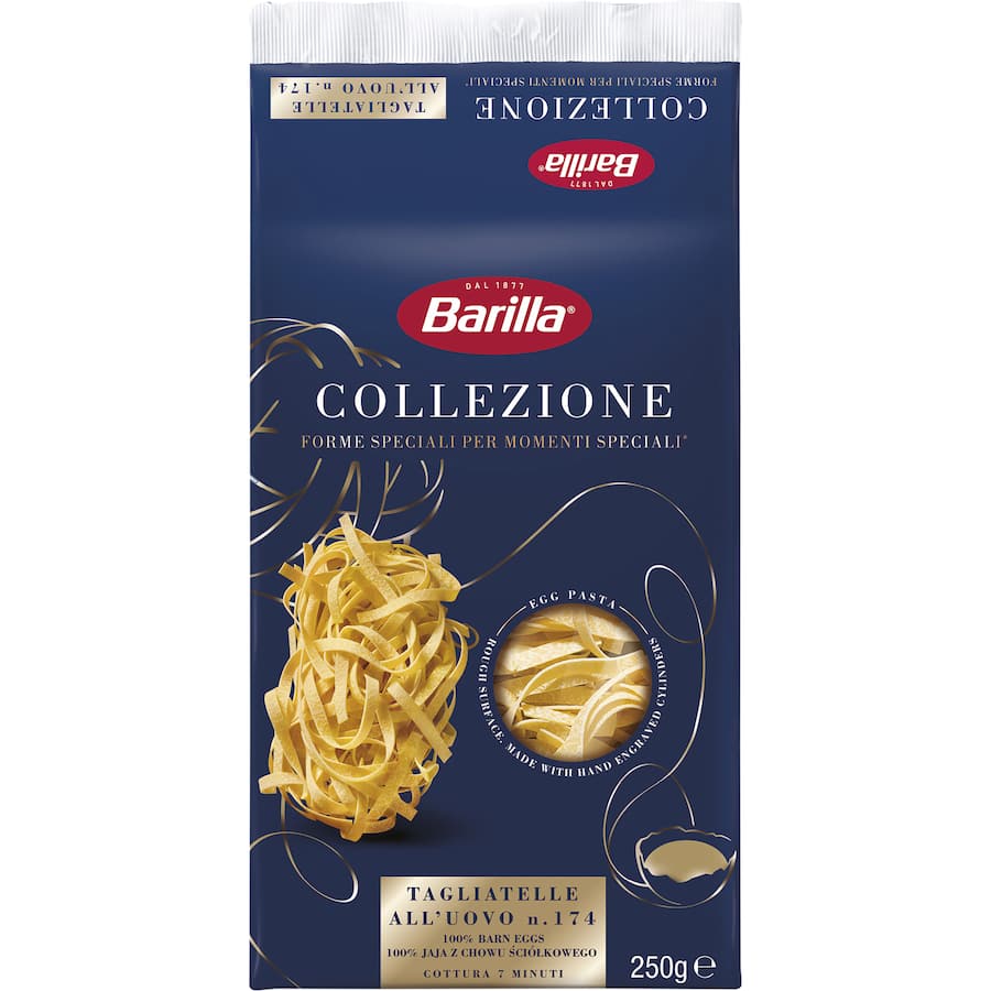 Authentic Italian Barilla Tagliatelle All'Uovo pasta, made with eggs, cooks in 6 minutes for a perfect 'al dente' texture.