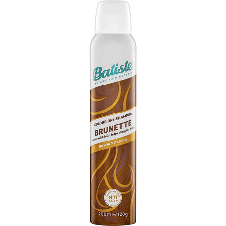 Batiste Dry Shampoo Medium revitalizes brunette hair with no white residue, blending color while removing oil for a fresh, clean look.