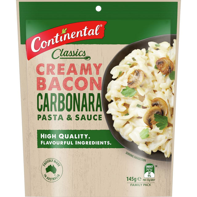 Creamy Bacon Carbonara pasta sauce in a family pack, perfect for quick, hearty meals that delight everyone.