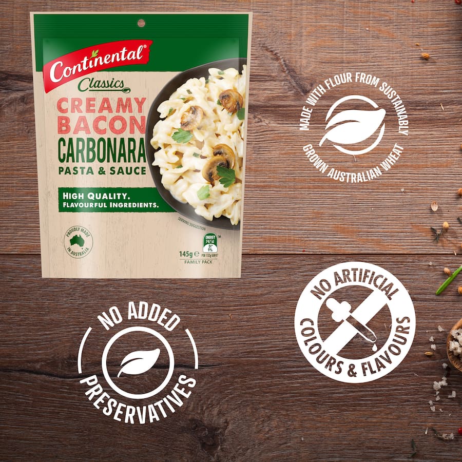 Creamy Bacon Carbonara pasta sauce in a family pack, perfect for quick, delicious meals serving four.