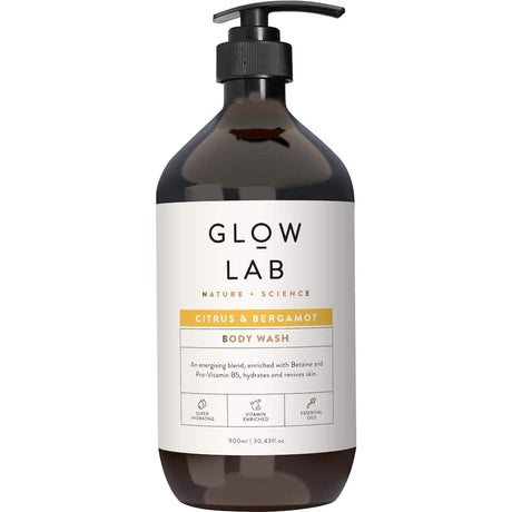 Energizing Glow Lab Body Wash with Citrus and Bergamot, enriched with Shea Butter, Vitamin E, and eco-friendly packaging.