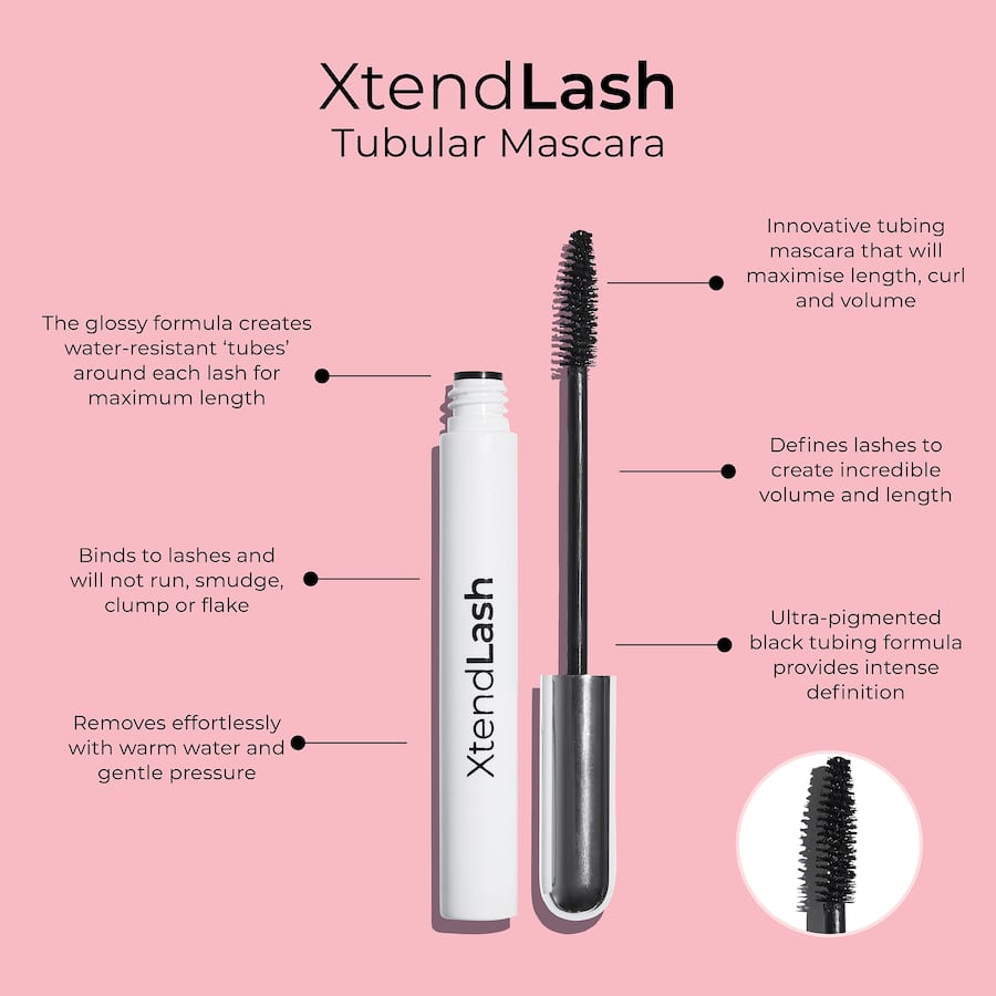 Mcobeauty Xtendlash Lengthening Mascara in black, offering water-resistant, defined lashes without smudging or clumping.