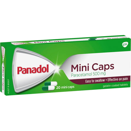 Image of Panadol Mini Caps, smooth gelatin-coated capsules for quick and effective pain relief with 500mg paracetamol.