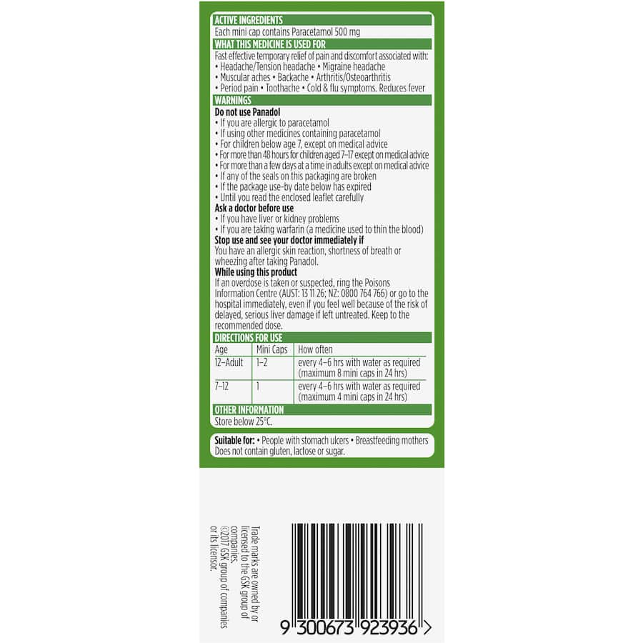 Panadol Mini Caps for pain relief, 500mg paracetamol in smooth capsules for easy swallowing and quick relief from discomfort.